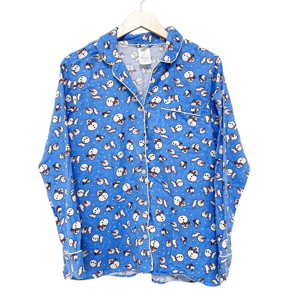 Lands End Blue Snowman Button Down Pajama Shirt Sz M